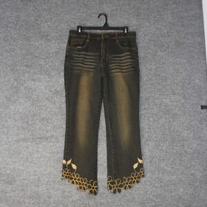 San Hua Embroidered Floral Jeans Womens 30 Black Scalloped Hem Y2K Boho Retro